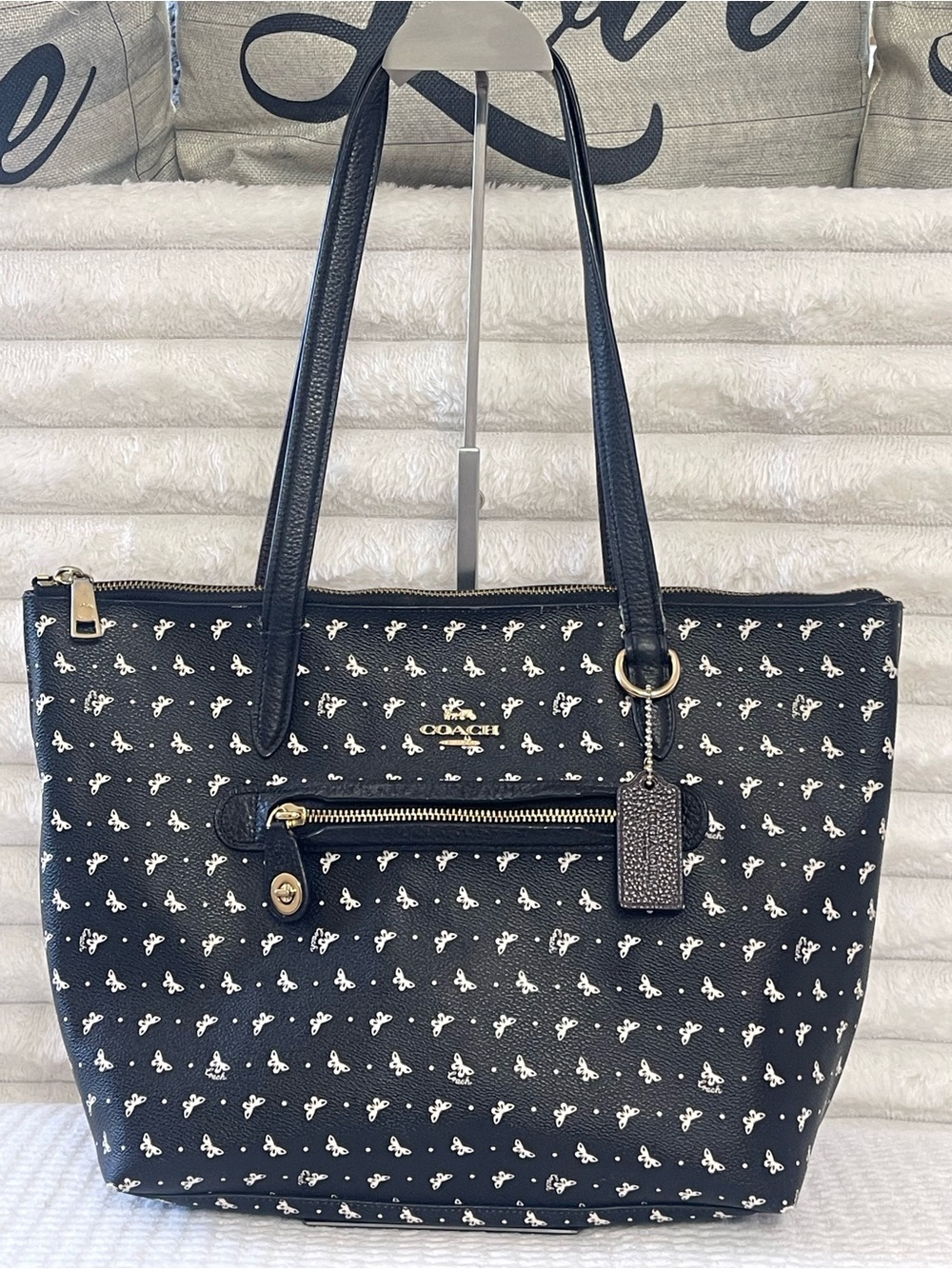 COACH Taylor Black Coated Canvas Tote with White Butterfly Signature Print